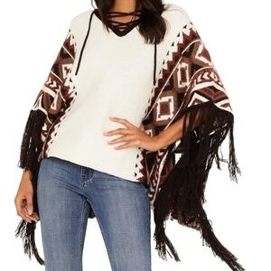 Idyllwind Miranda Lambert Poncho Sweater Southwest Geometric Fringe‎ Tan S P